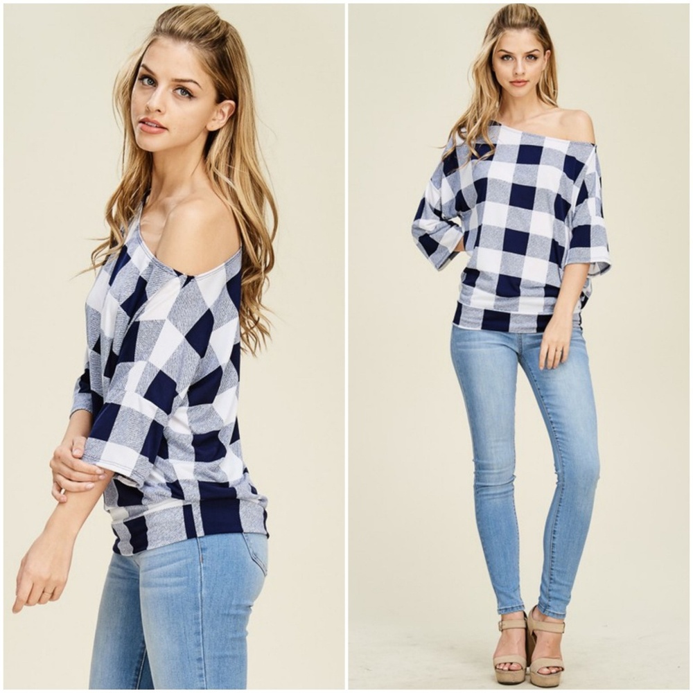 Navy Off The Shoulder Checkered Top - Picture 2 of 5